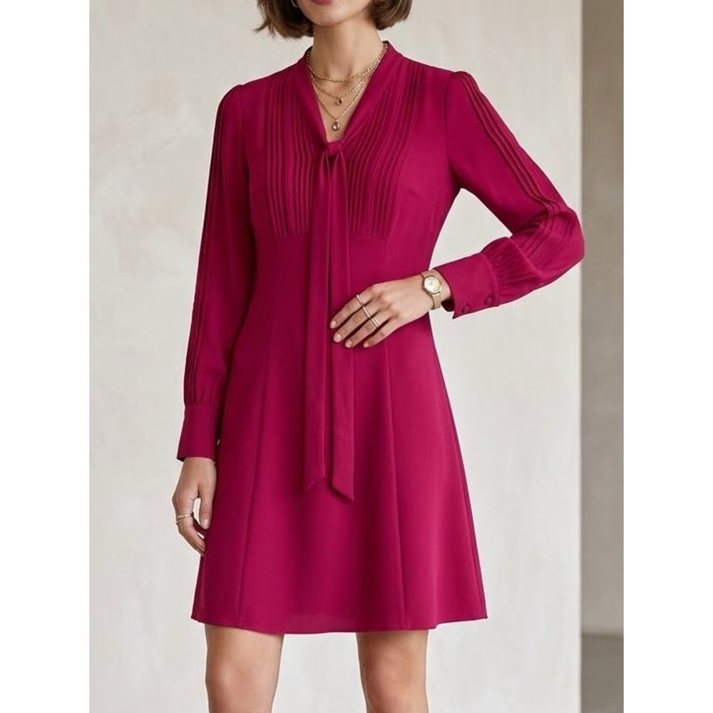 Nanette Lepore Magenta Pink Tie Neck‎ Ruffle Dress Long Sleeve Size 6